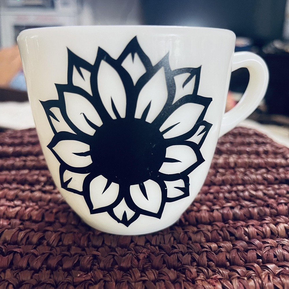 Vintage Corning Sunflower Coffee Mug White Milk Glass Floral Cup Made In USA